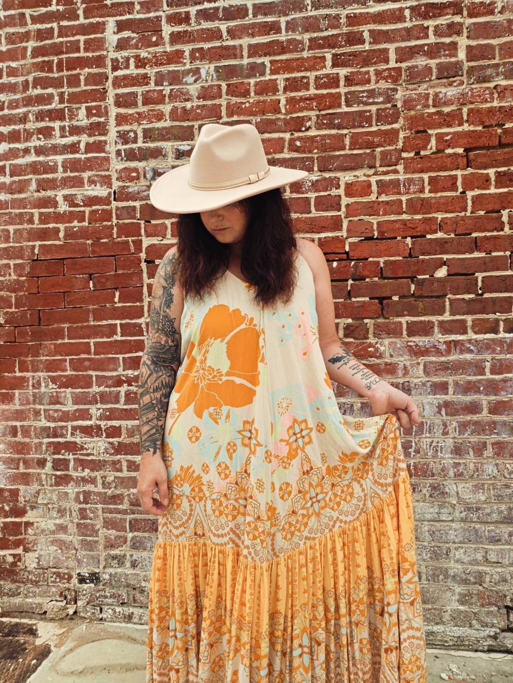 Free People Cream and Orange Floral Backless Maxi Dress